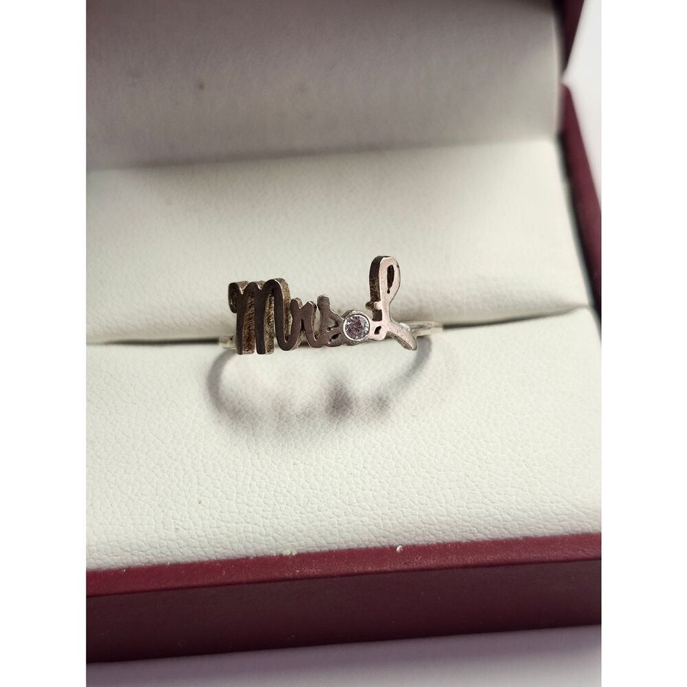 Mrs. L Script Name Ring in Sterling Silver with Clear Stone Size 8.25
